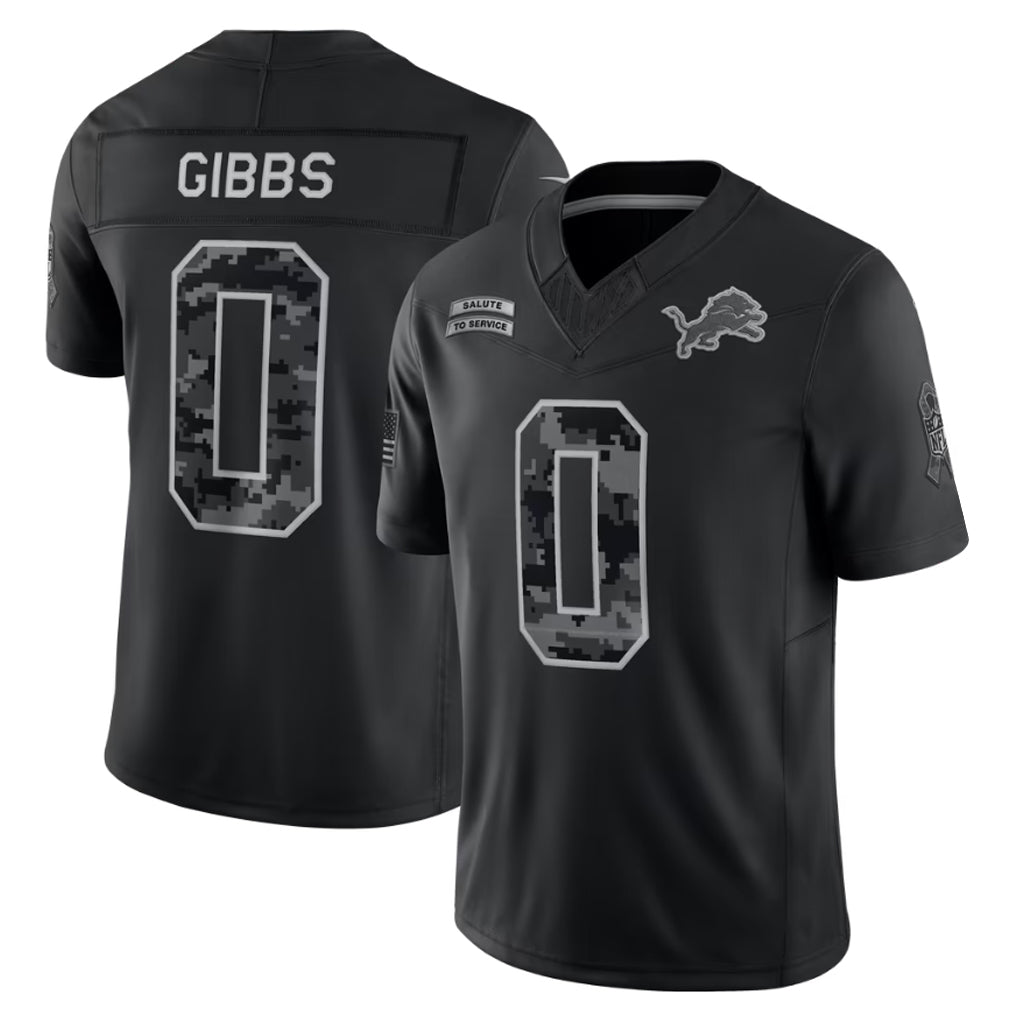 Perkns D.Lions #0 Jahmyr Gibbs Player Black Limited 2026 Salute to Service Home Game Stitched Jerseys