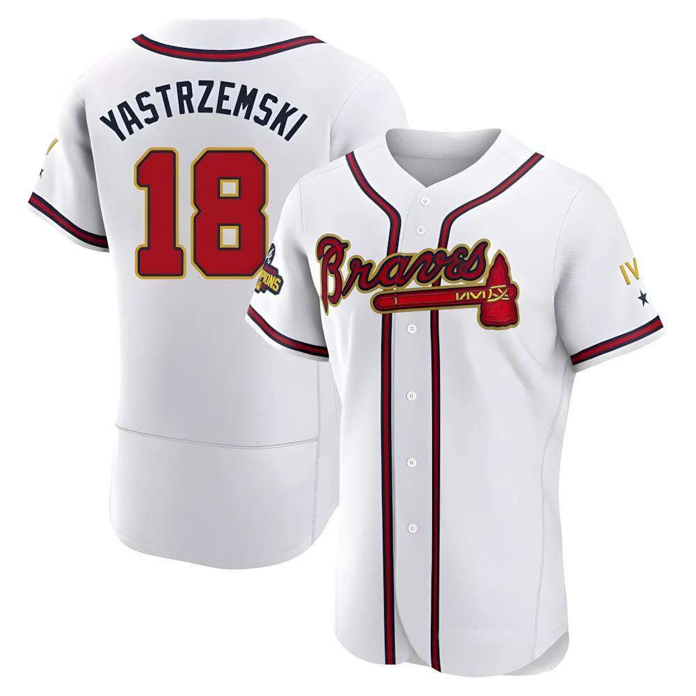 Perkns A.Braves #18 Mike Yastrzemski player Gold Authentic White Program Stitched Jerseys