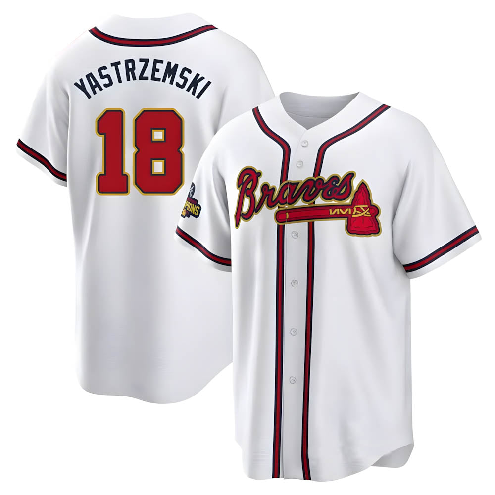 Perkns A.Braves #18 Mike Yastrzemski player Gold Replica White Program Stitched Jerseys