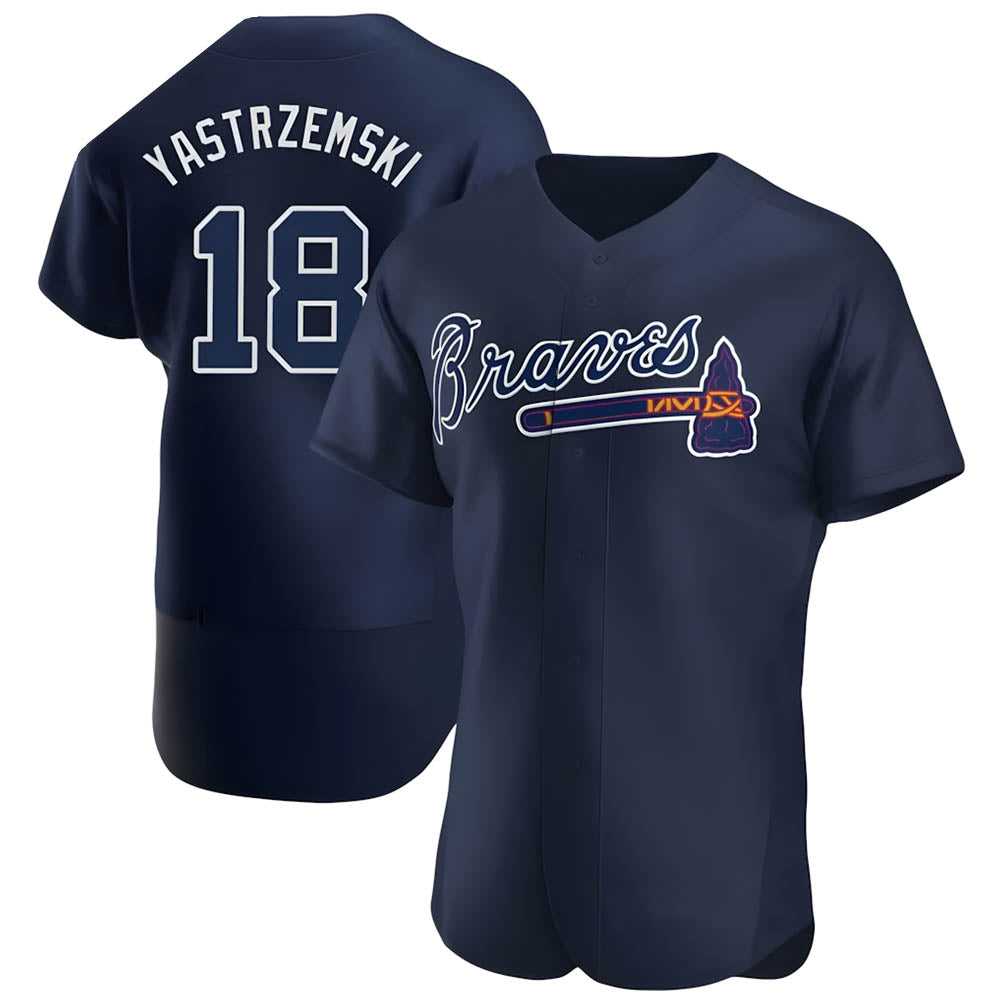 Perkns A.Braves #18 Mike Yastrzemski player Navy Authentic Alternate Team Stitched Jerseys