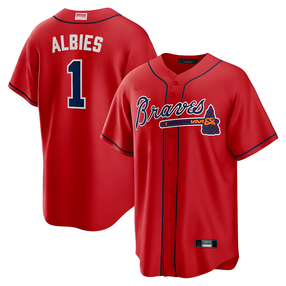 Perkns A.Braves #1 Ozzie Albies Player Red Alternate Stitched Jerseys