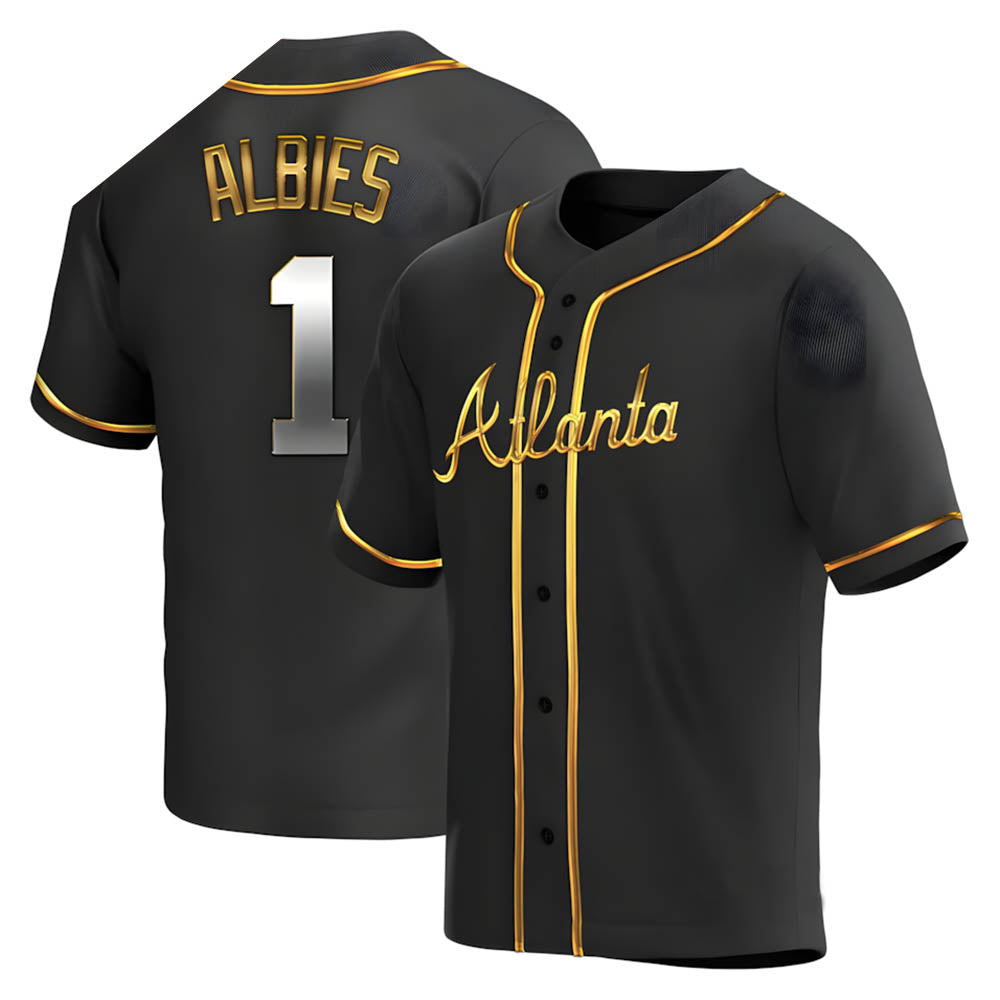 Perkns A.Braves #1 Ozzie Albies Player Gold Replica Black en Alternate Stitched Jerseys
