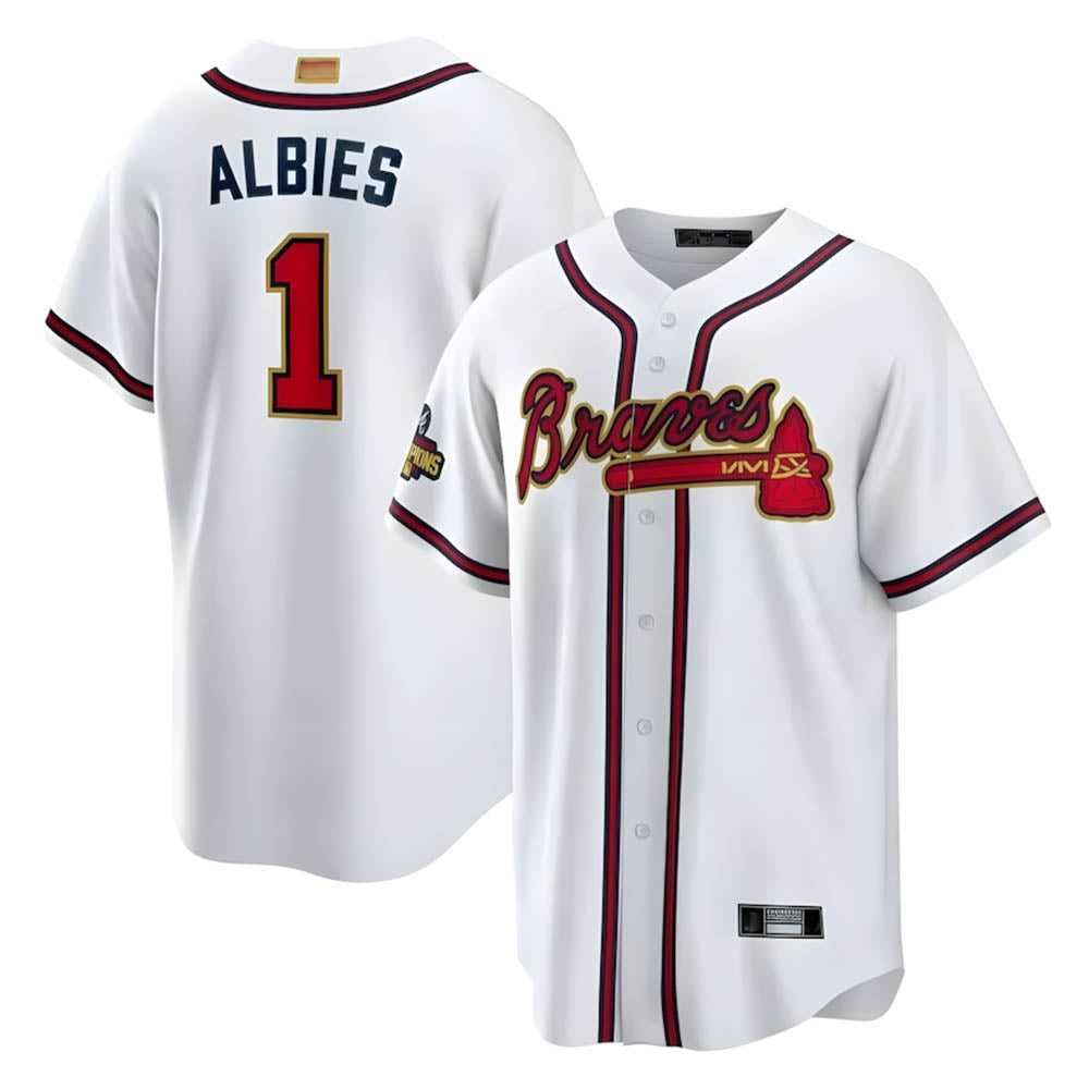 Perkns A.Braves #1 Ozzie Albies Player White World Series Gold Program Stitched Jerseys