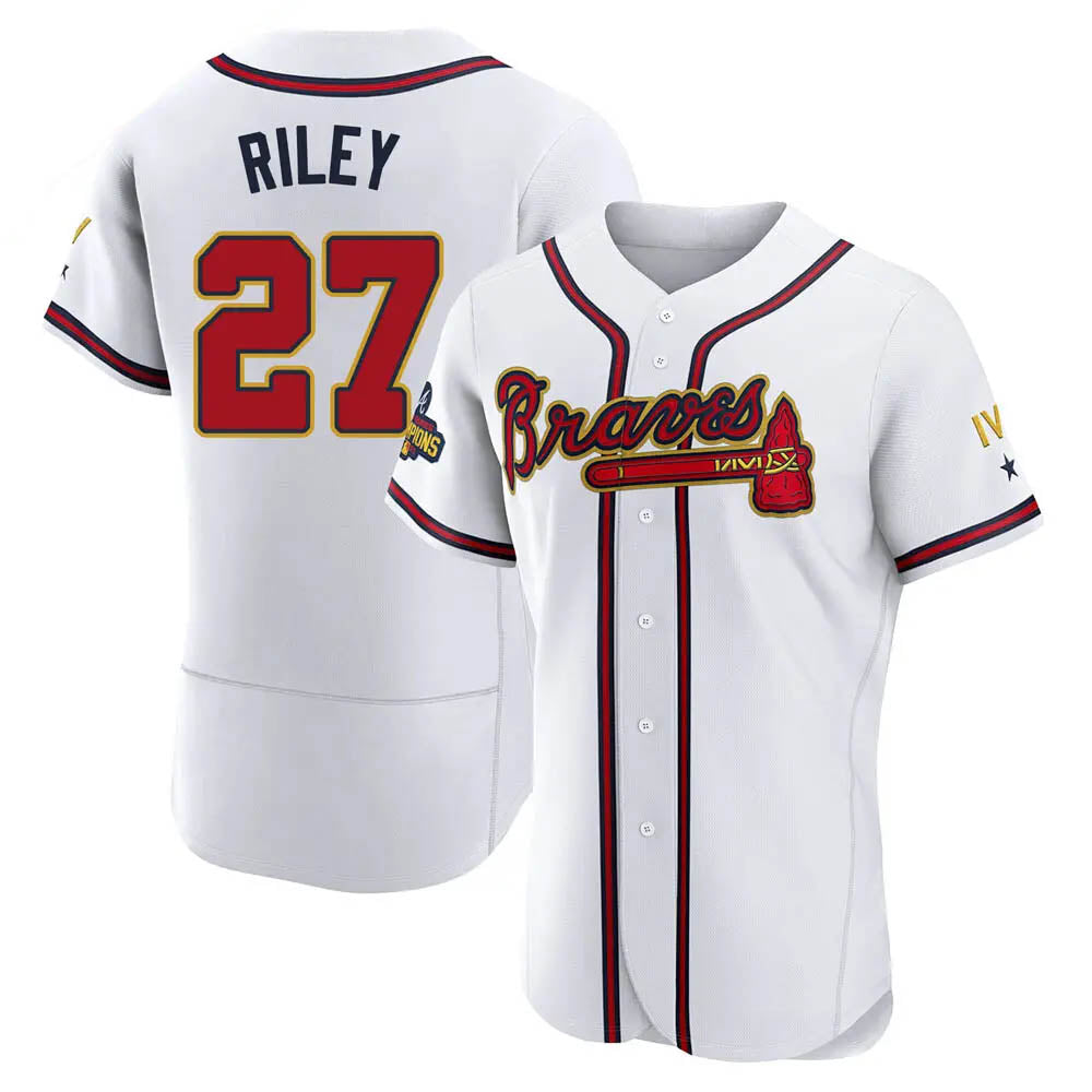 Perkns A.Braves #27 Austin Riley Player White&Gold Authentic Program Stitched Jerseys