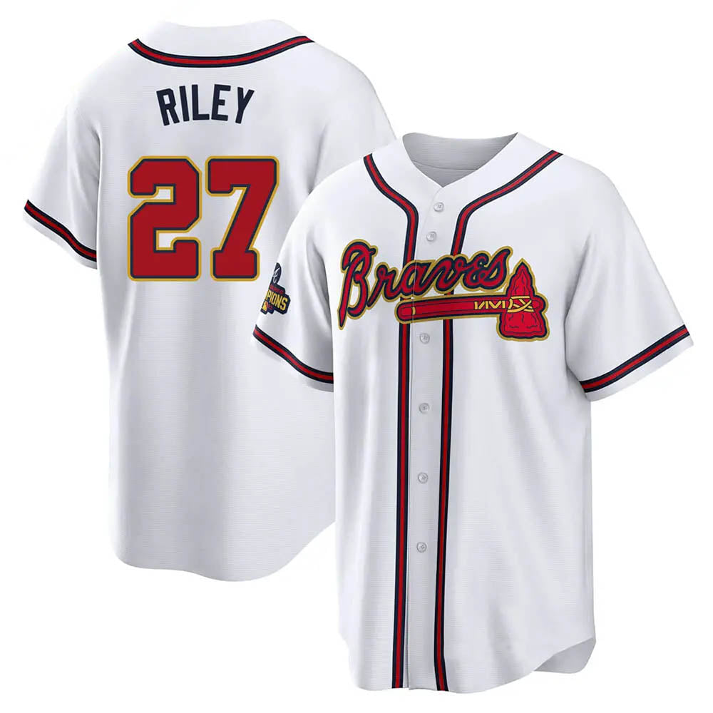 Perkns A.Braves #27 Austin Riley Player White&Gold Replica Program Stitched Jerseys