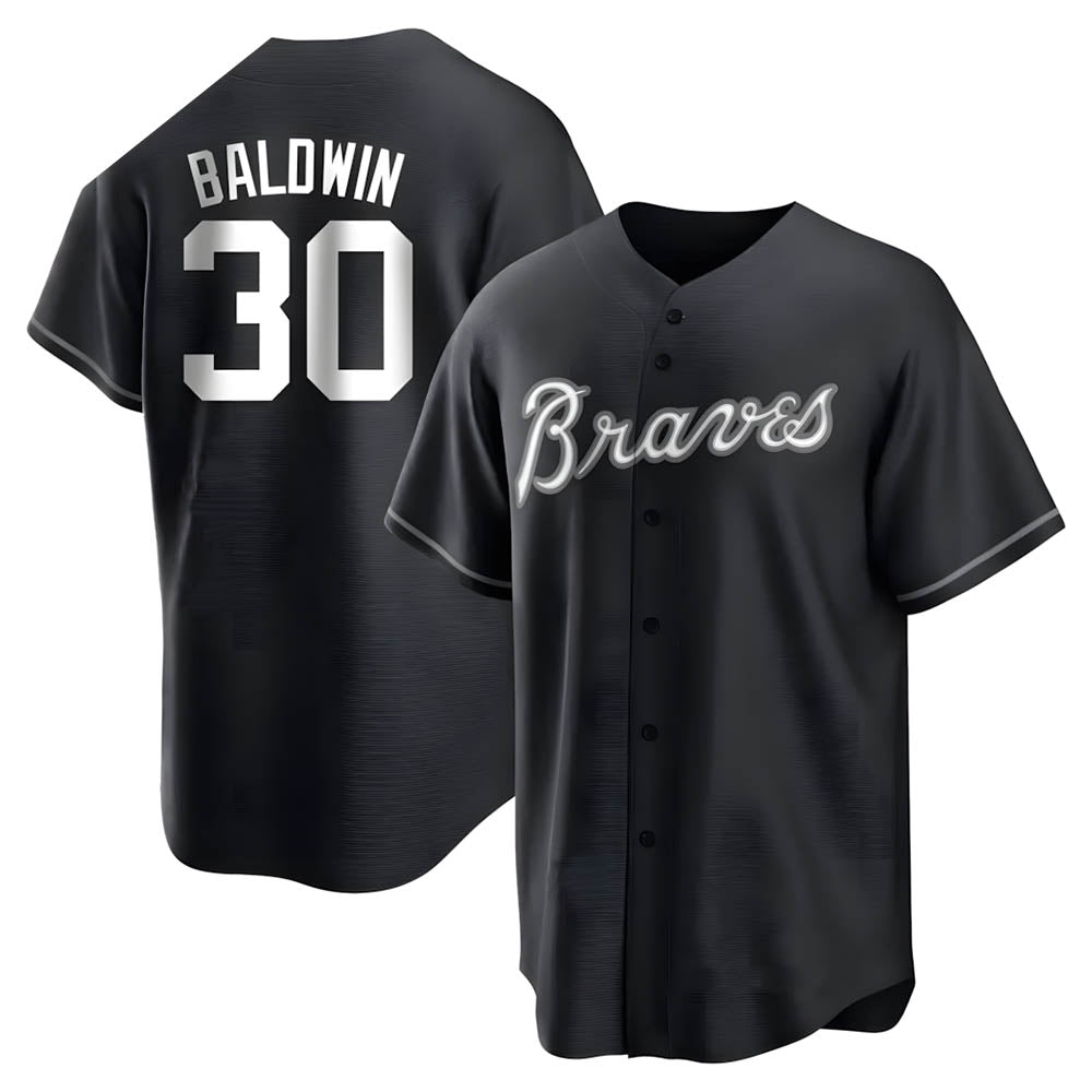 Perkns A.Braves #30 Drake Baldwin player Black&White Replica Stitched Jerseys