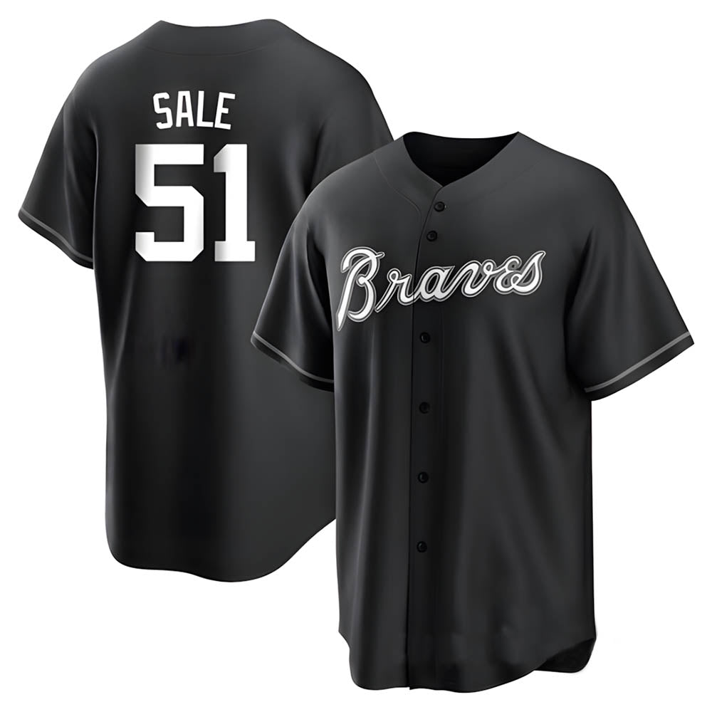 Perkns A.Braves #51 Chris Sale Player White&Black Replica Stitched Jerseys