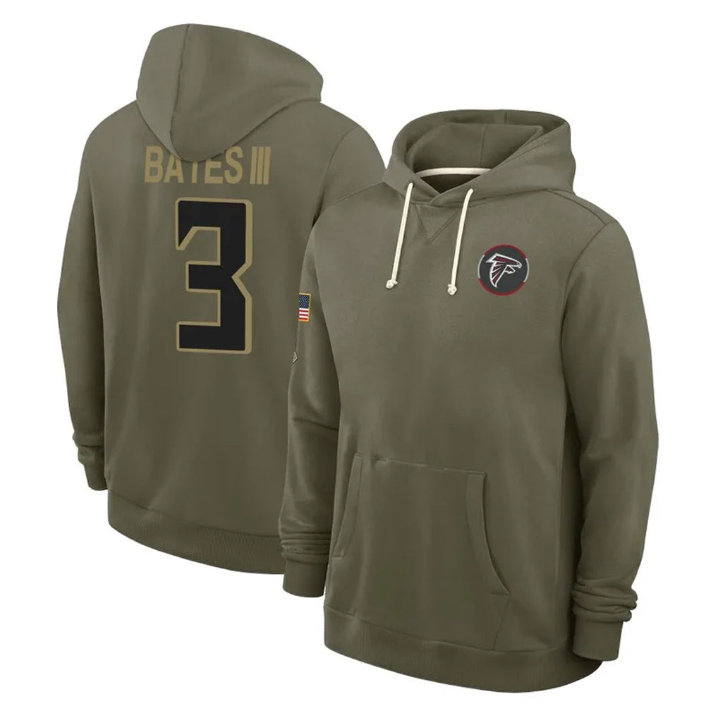 Perkns A.Falcons #3 Jessie Bates III Player Olive 2025 Salute to Service Hoodies Stitched Jerseys