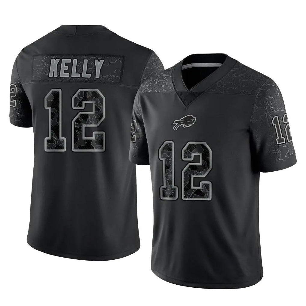 Perkns B.Bills #12 Jim Kelly Player Black RFLCTV Limited Stitched Jerseys