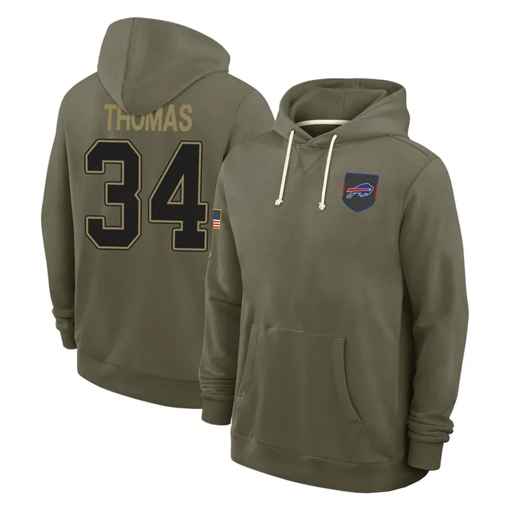 Perkns B.Bills #34 Thurman Thomas Player Olive Salute to Service Hoodies Stitched Jerseys
