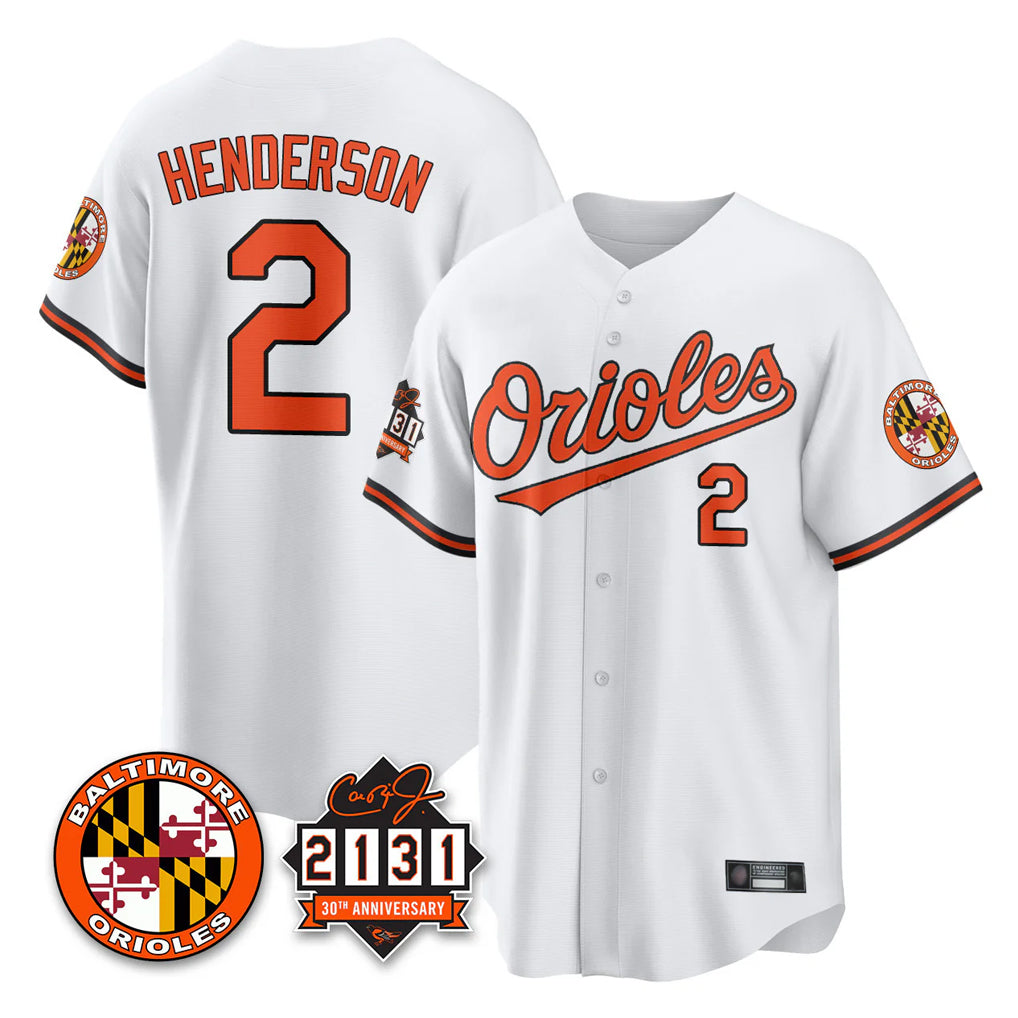Perkns B.Orioles #2 Gunnar Henderson Player White 30th Anniversary of 2131 Home Game Stitched Jerseys