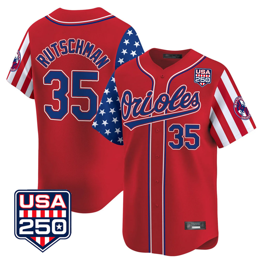 Perkns B.Orioles #35 Adley Rutschman Player Red USA 250 Independence Day Vapor Premier Limited Home Game Stitched Jerseys
