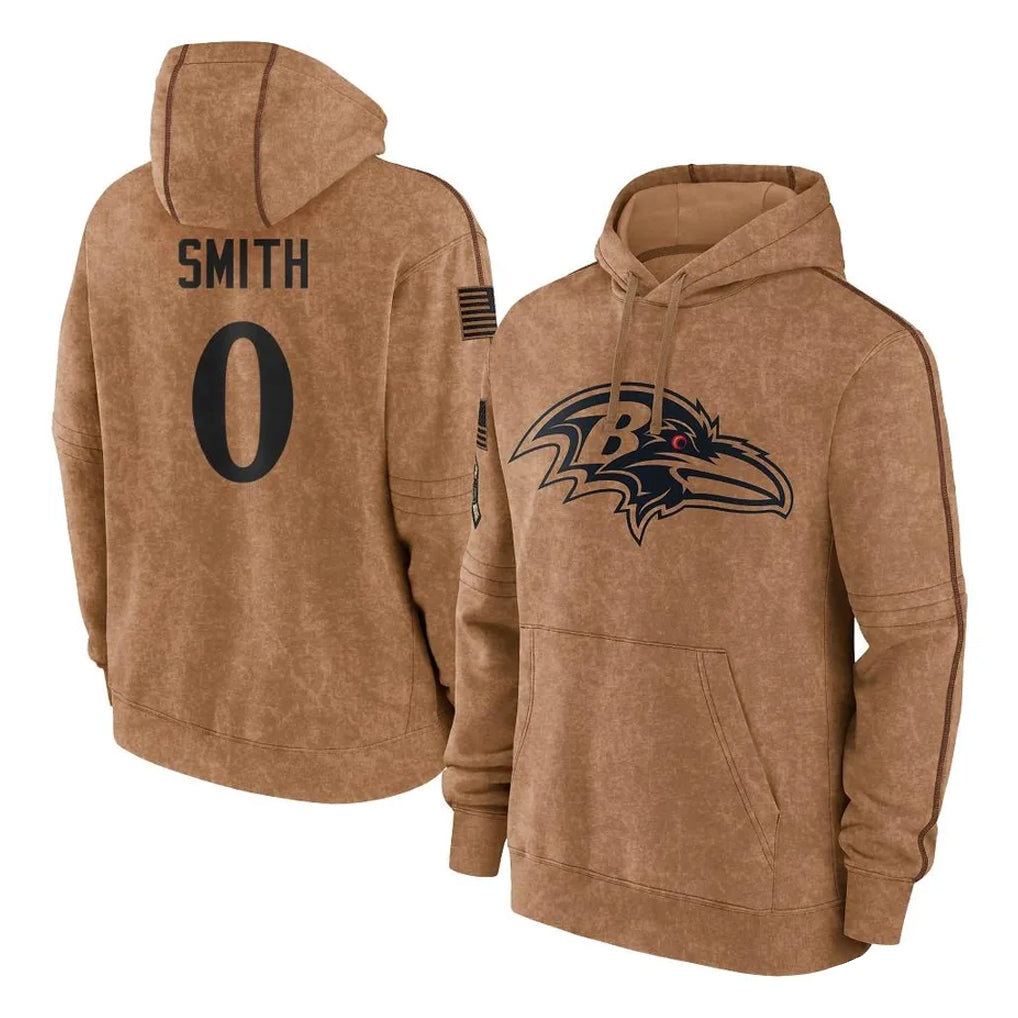Perkns B.Ravens #0 Roquan Smith Player Brown Salute to Service Pullover Hoodie Stitched Jerseys