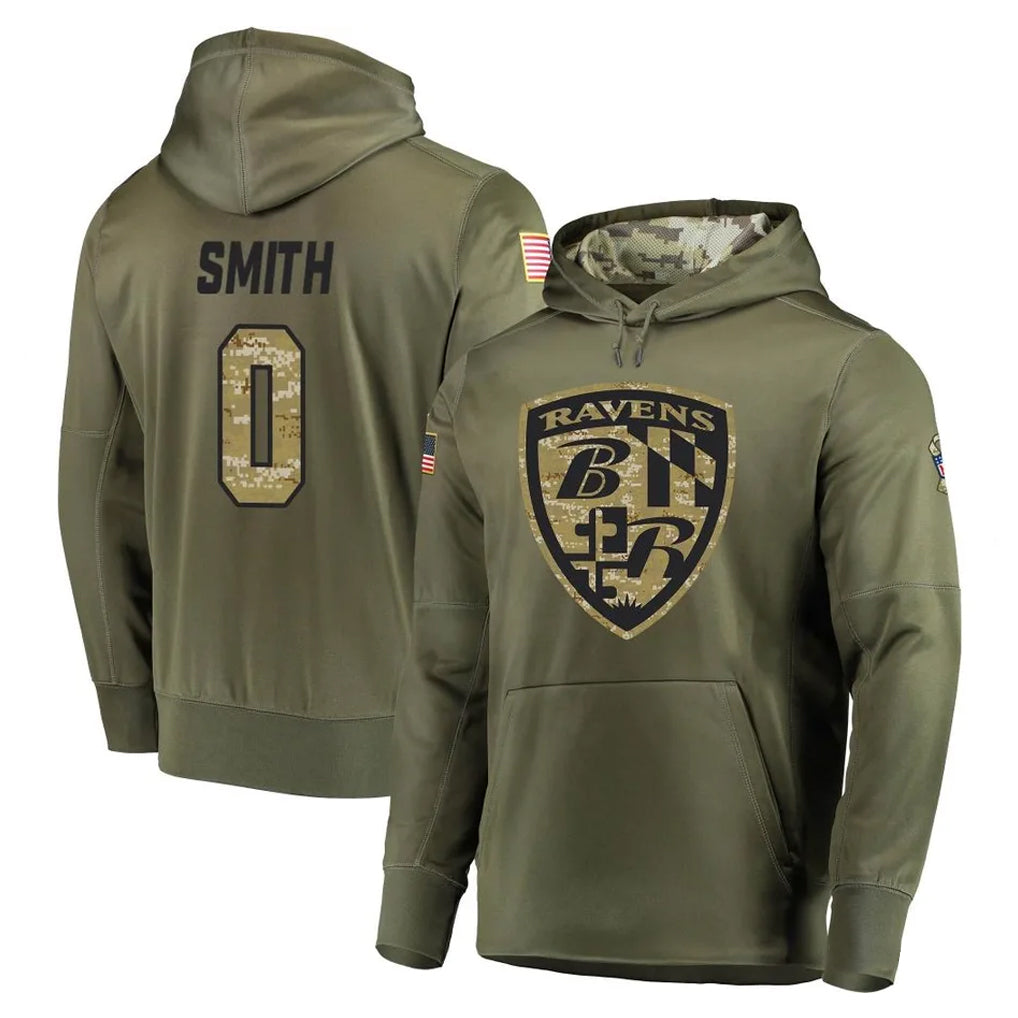 Perkns B.Ravens #0 Roquan Smith Player Olive Salute to Service Pullover Hoodie Stitched Jerseys