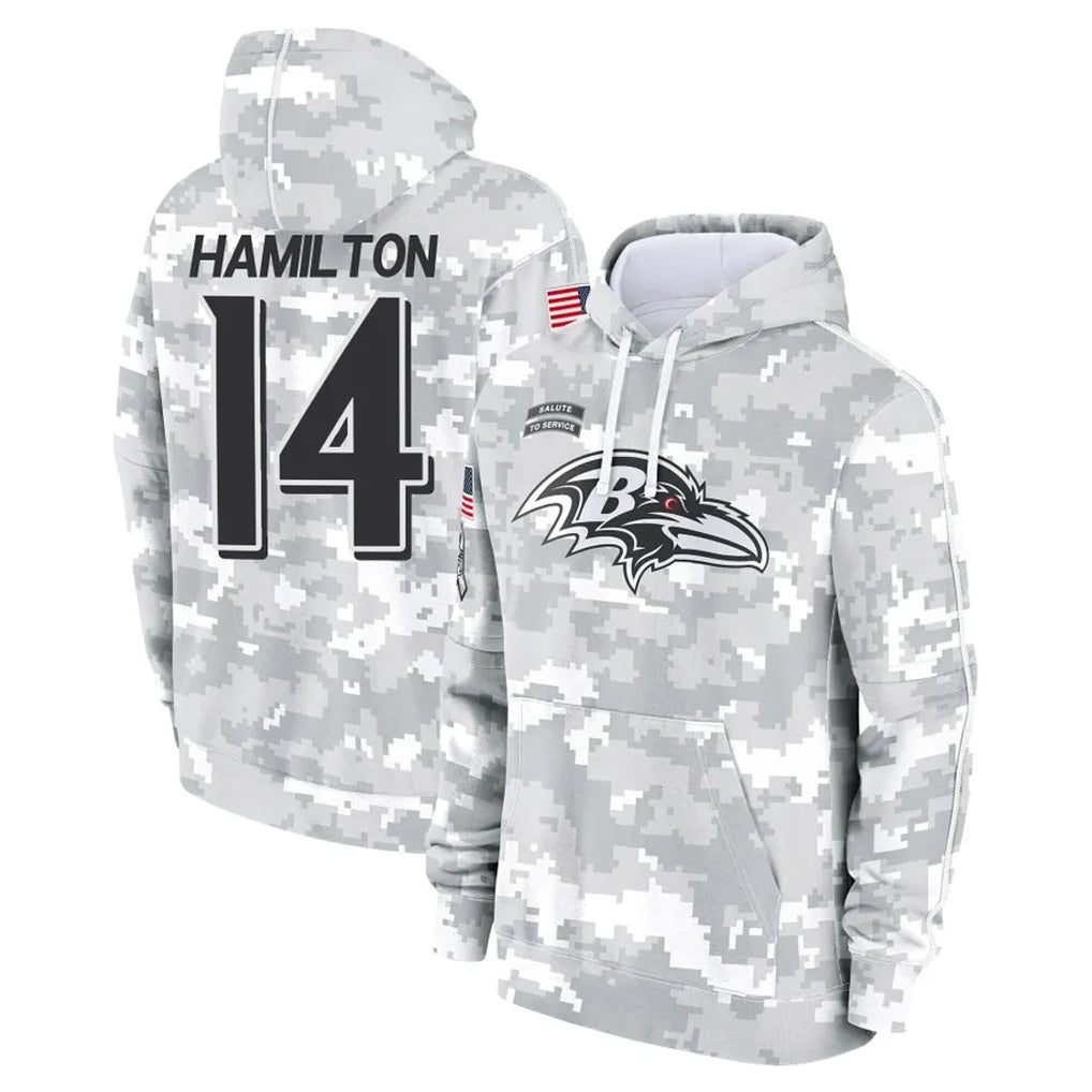 Perkns B.Ravens #14 Kyle Hamilton Player Arctic Camo Salute to Service Pullover Hoodie Stitched Jerseys