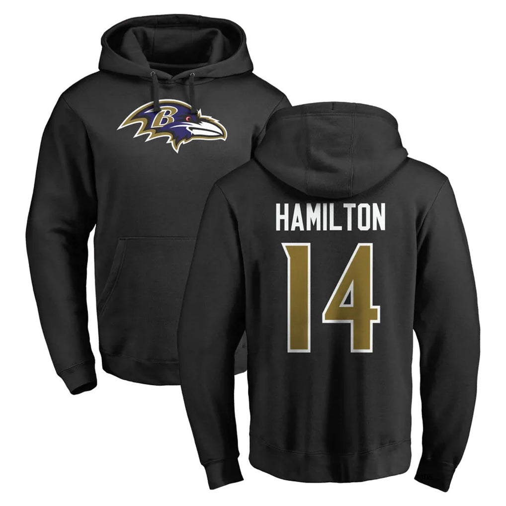 Perkns B.Ravens #14 Kyle Hamilton Player Black Pullover Hoodie Stitched Jerseys