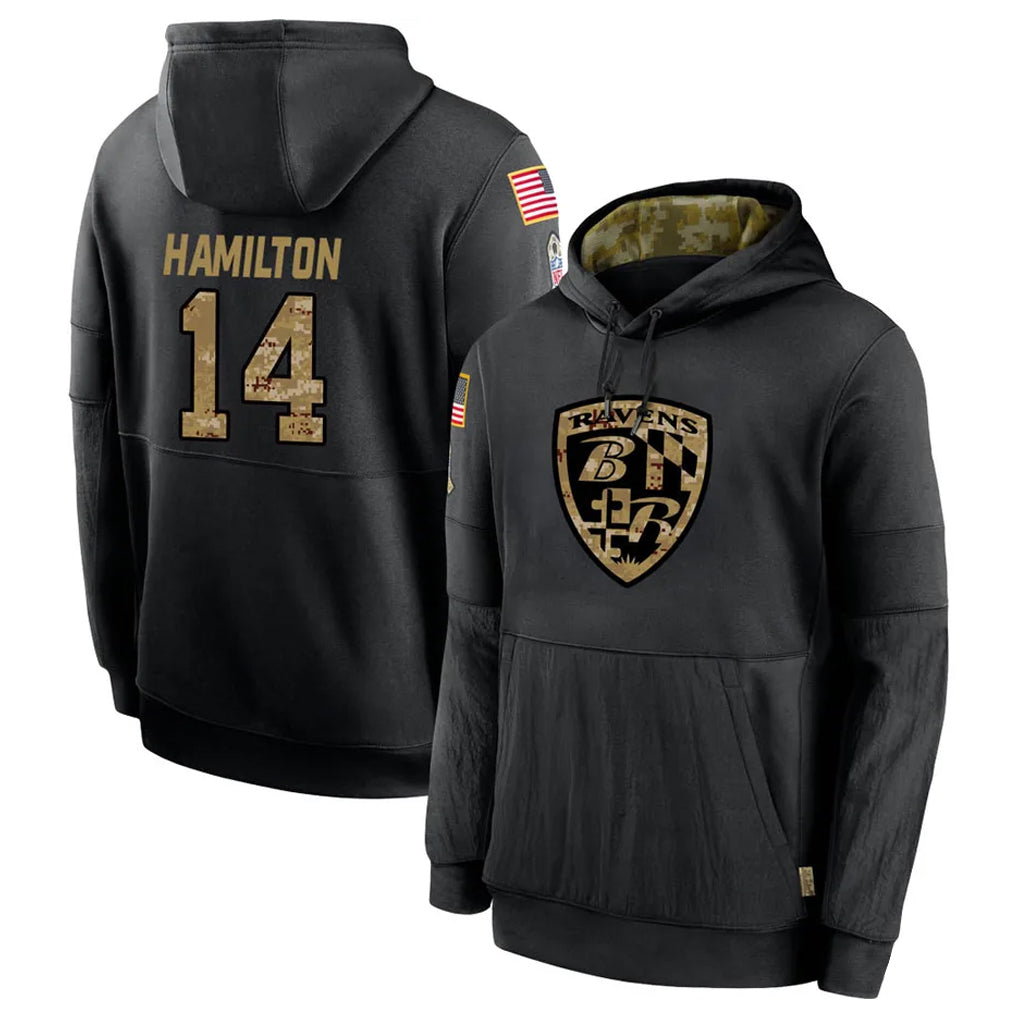 Perkns B.Ravens #14 Kyle Hamilton Player Black Salute to Service Pullover Hoodie Stitched Jerseys