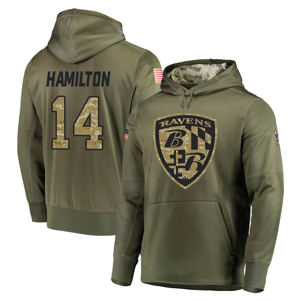Perkns B.Ravens #14 Kyle Hamilton Player Olive Salute to Service Pullover Hoodie Stitched Jerseys