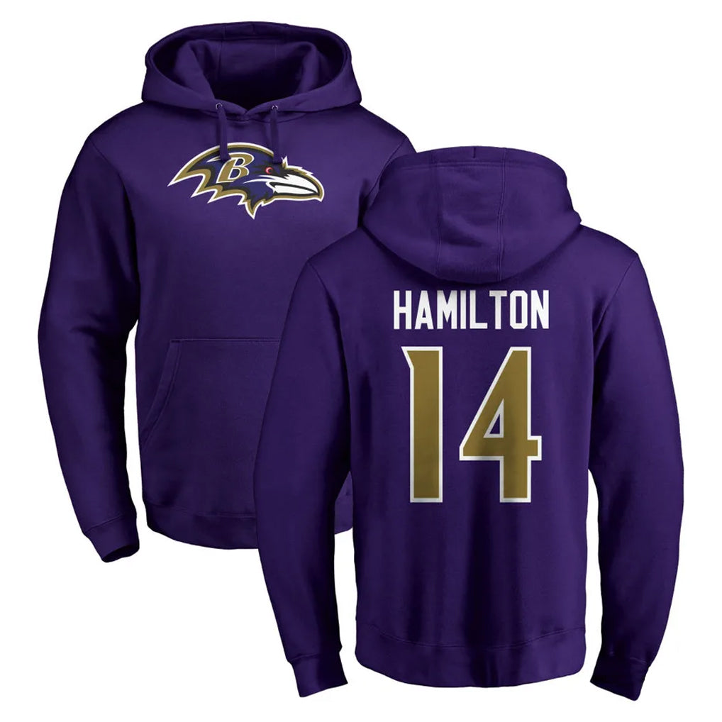 Perkns B.Ravens #14 Kyle Hamilton Player Purple Salute to Service Pullover Hoodie Stitched Jerseys