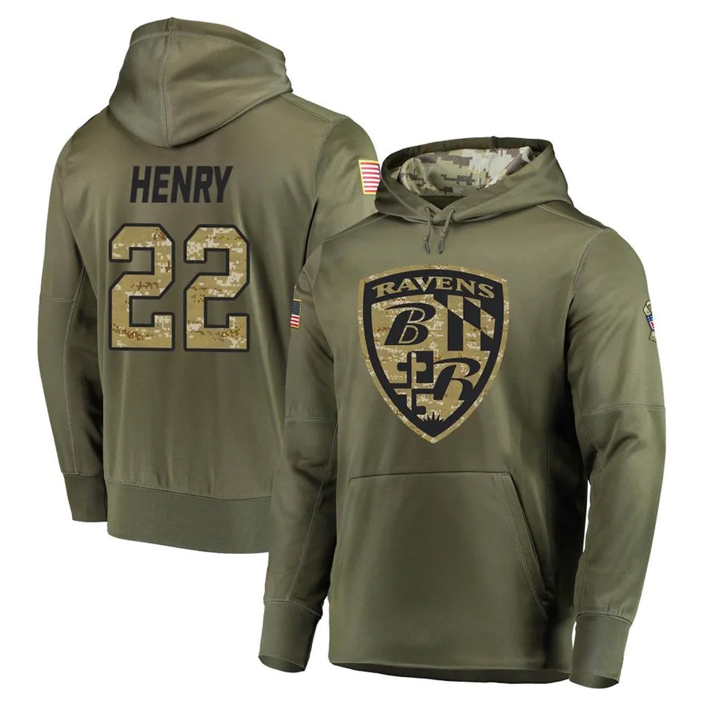 Perkns B.Ravens #22 Derrick Henry Player Olive Salute to Service Pullover Hoodie Stitched Jerseys