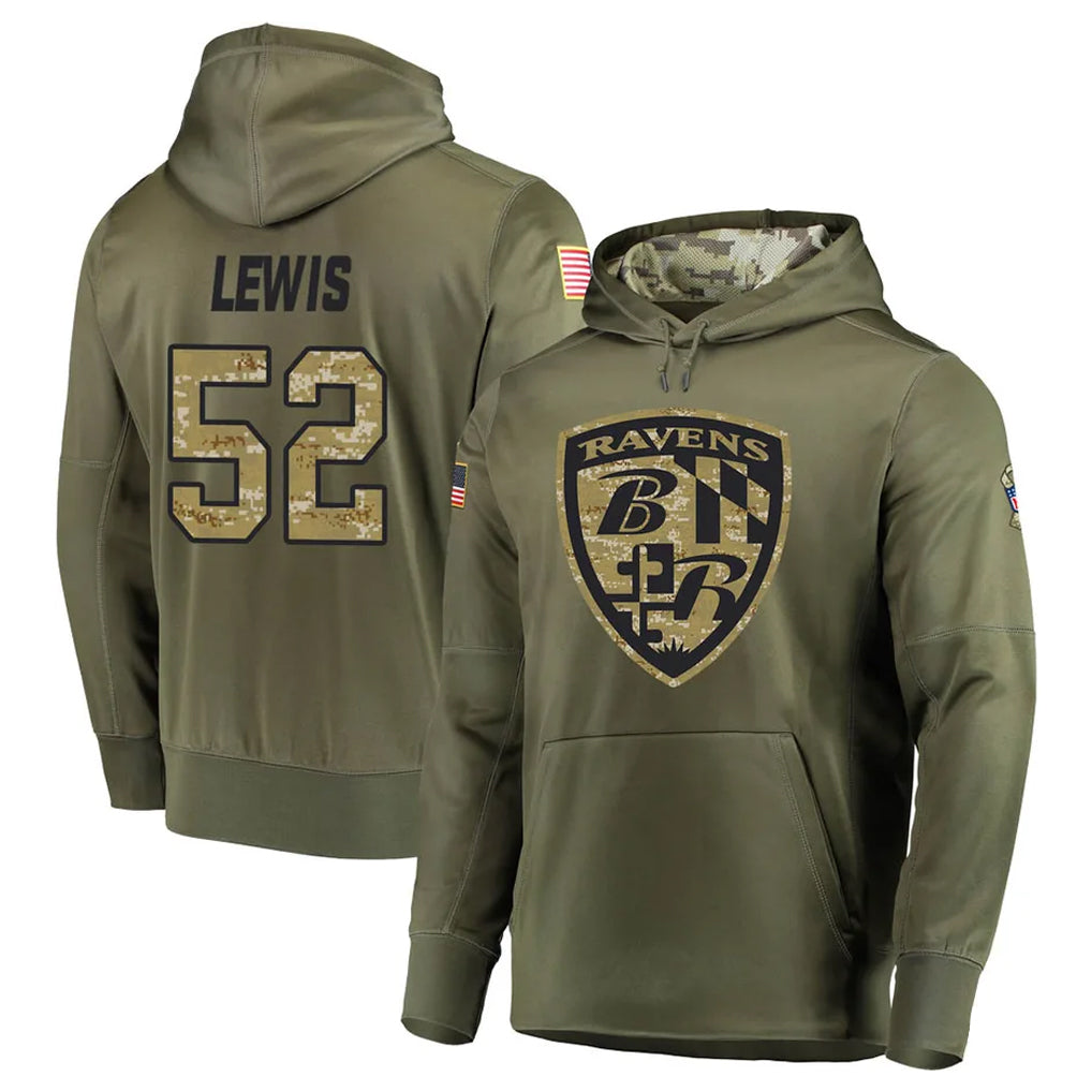 Perkns B.Ravens #52 Ray Lewis Player Olive Salute to Service Pullover Hoodie Stitched Jerseys