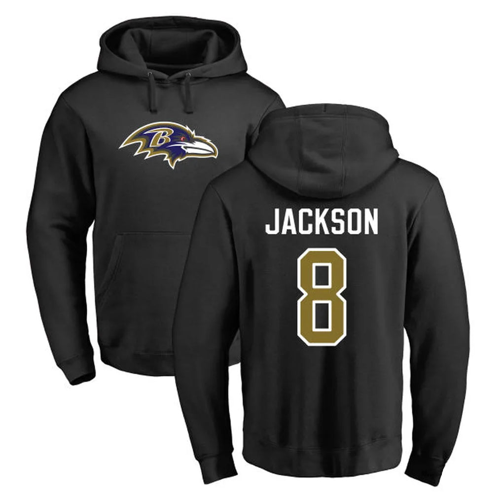 Perkns B.Ravens #8 Lamar Jackson Player Black Pullover Hoodie Stitched Jerseys