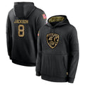 Perkns B.Ravens #8 Lamar Jackson Player Black Salute to Service Pullover Hoodie Stitched Jerseys