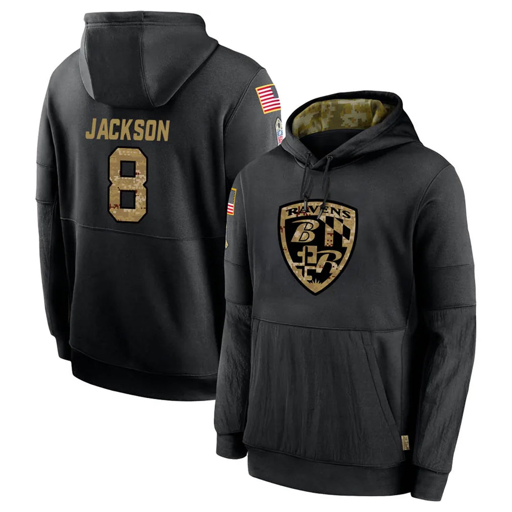 Perkns B.Ravens #8 Lamar Jackson Player Black Salute to Service Pullover Hoodie Stitched Jerseys