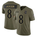 Perkns B.Ravens #8 Lamar Jackson Player Olive Salute To Service Limited Home Game Stitched Jerseys