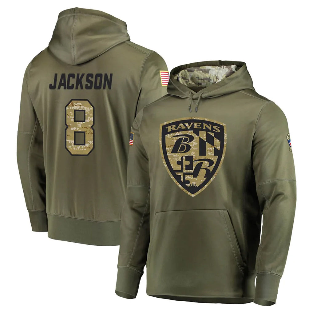 Perkns B.Ravens #8 Lamar Jackson Player Olive Salute to Service Pullover Hoodie Stitched Jerseys