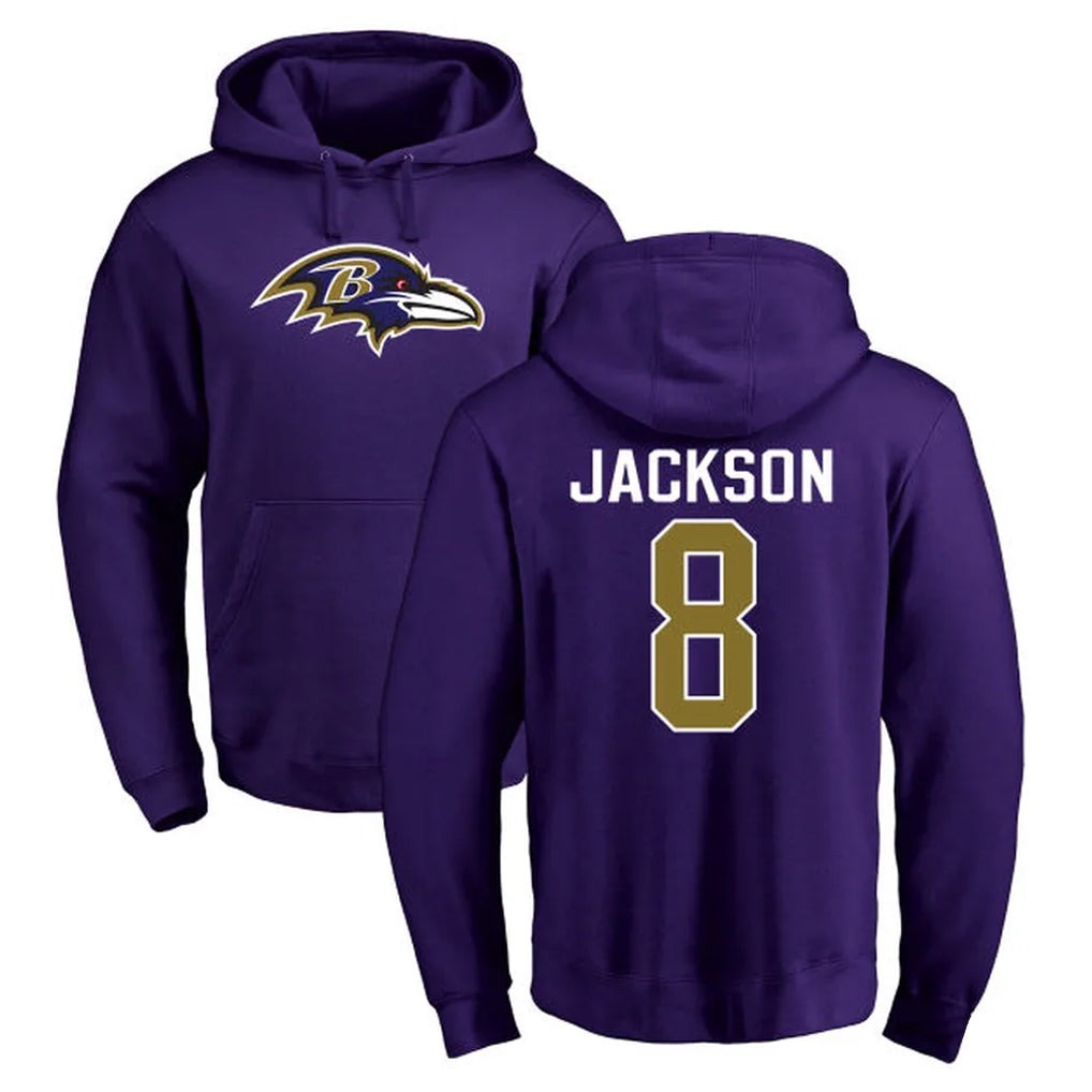Perkns B.Ravens #8 Lamar Jackson Player Purple Salute to Service Pullover Hoodie Stitched Jerseys