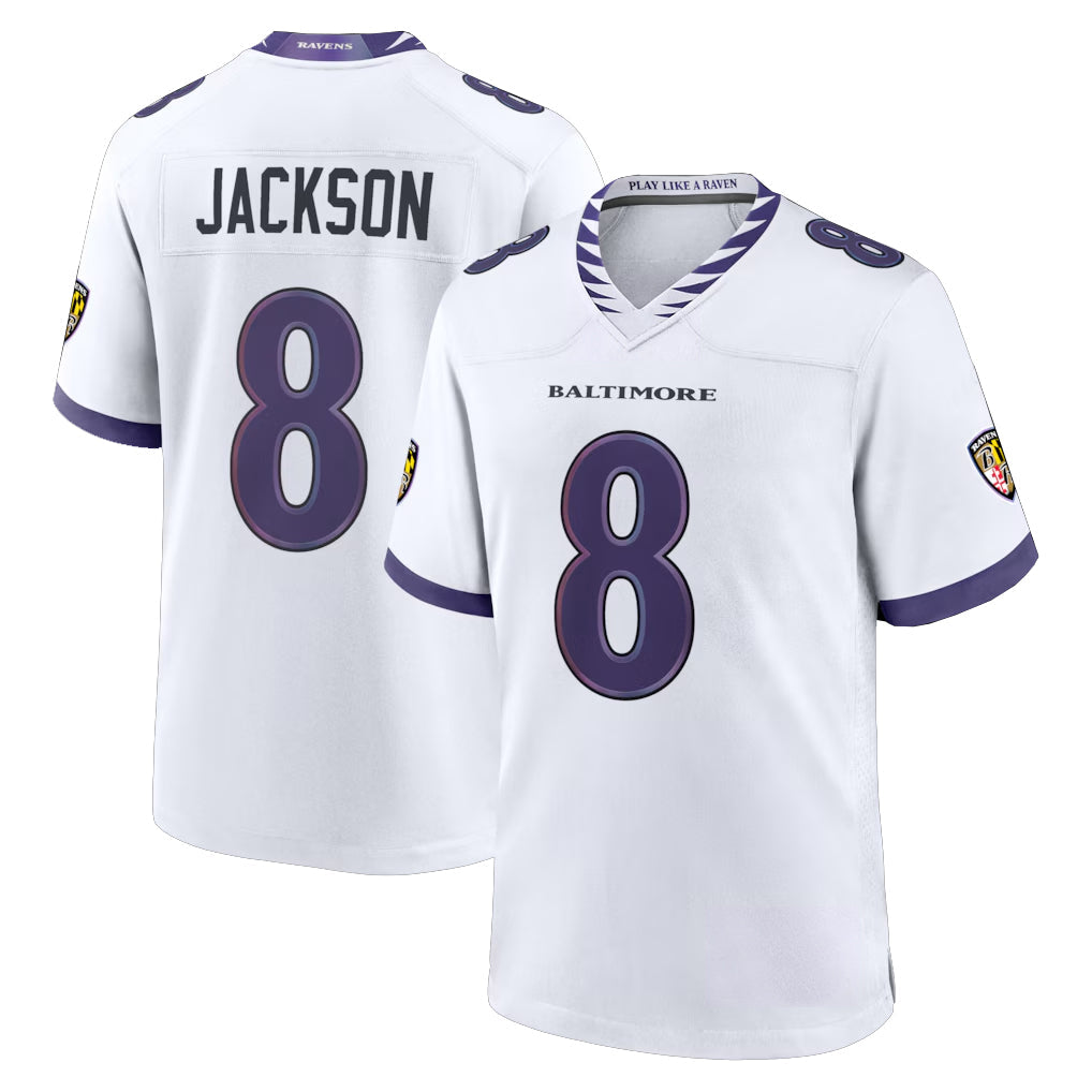 Perkns B.Ravens #8 Lamar Jackson Player White Home Game Stitched Jerseys