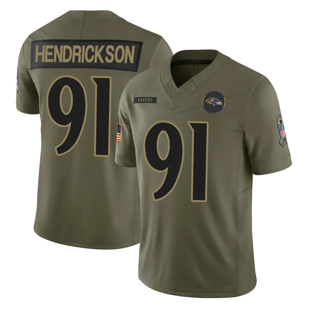 Perkns B.Ravens #91 Trey Hendrickson Player Olive Salute To Service Limited Home Game Stitched Jerseys