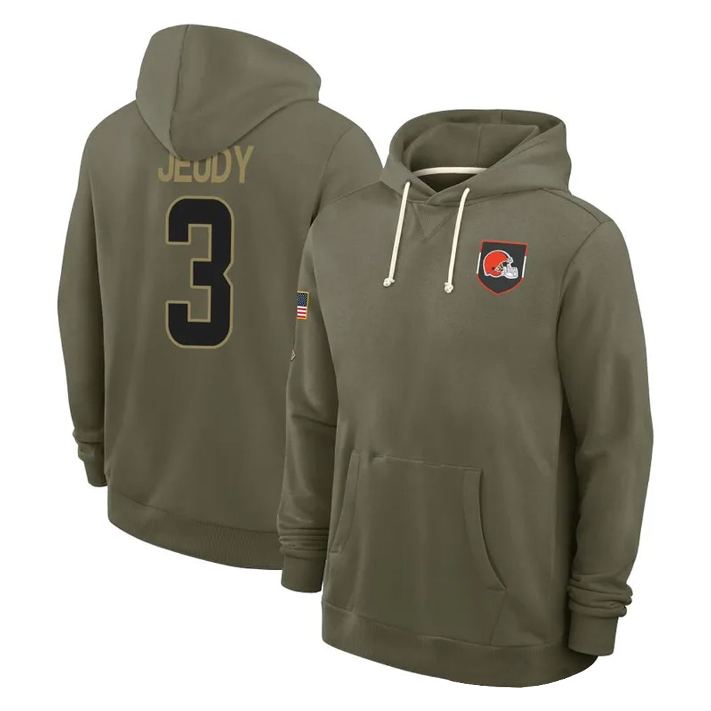 Perkns C.Browns #3 Jerry Jeudy Player Olive Salute to Service Pullover Hoodies Limited Stitched Jerseys