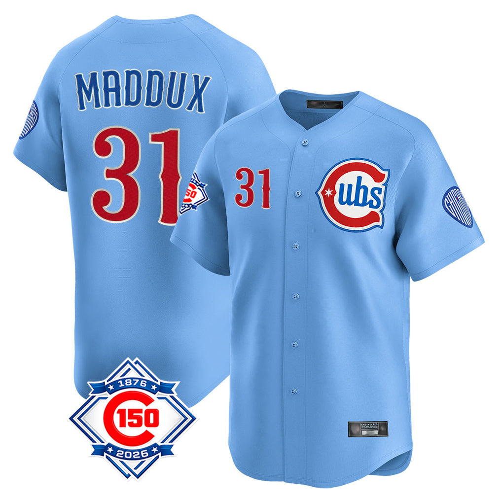 Perkns C.Cubs #31 Greg Maddux Player Light Blue 150th Anniversary Limited Home Stitched Jerseys