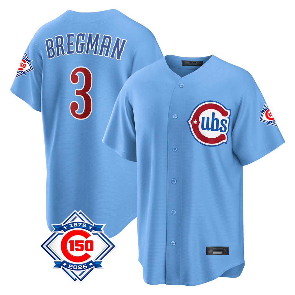 Perkns C.Cubs #3 Alex Bregman Light Blue 150th Anniversary Home Game Stitched Jerseys