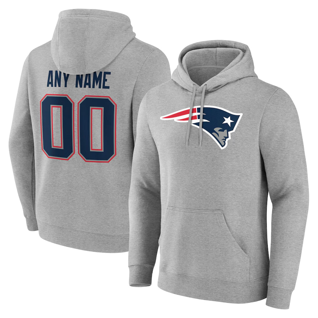 Perkns Custom NE.Patriots Gray LOGO Pullover Hoodies Home Game Any Name & Numbers Stitched Jerseys