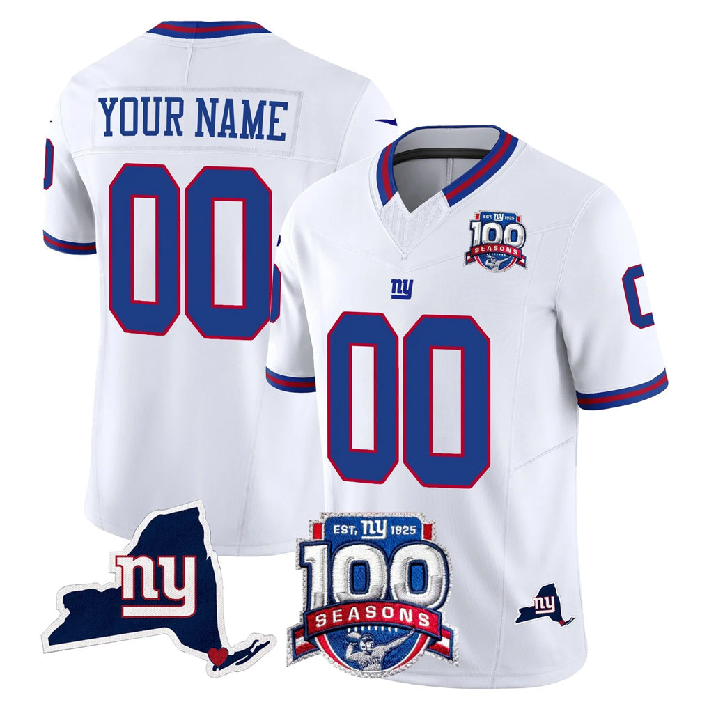 Perkns Custom NY.Giants White 100th Season & State Patch Vapor Limited Home Game Any Name & Numbers Stitched Jerseys