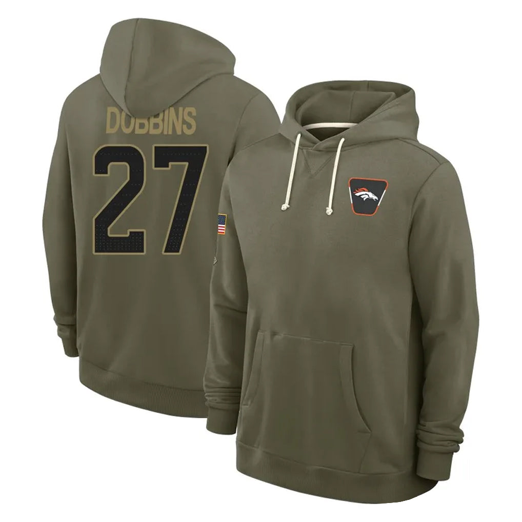 Perkns D.Broncos #27 J.K. Dobbins Player Olive Salute to Service Pullover Hoodies Limited Stitched Jerseys