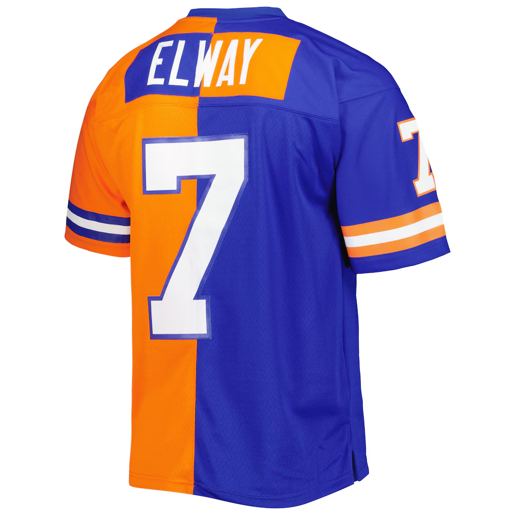 Perkns D.Broncos #7 John Elway Mitchell & Ness RoyalOrange 1990 Split Legacy Replica Stitched Puhic Jersey