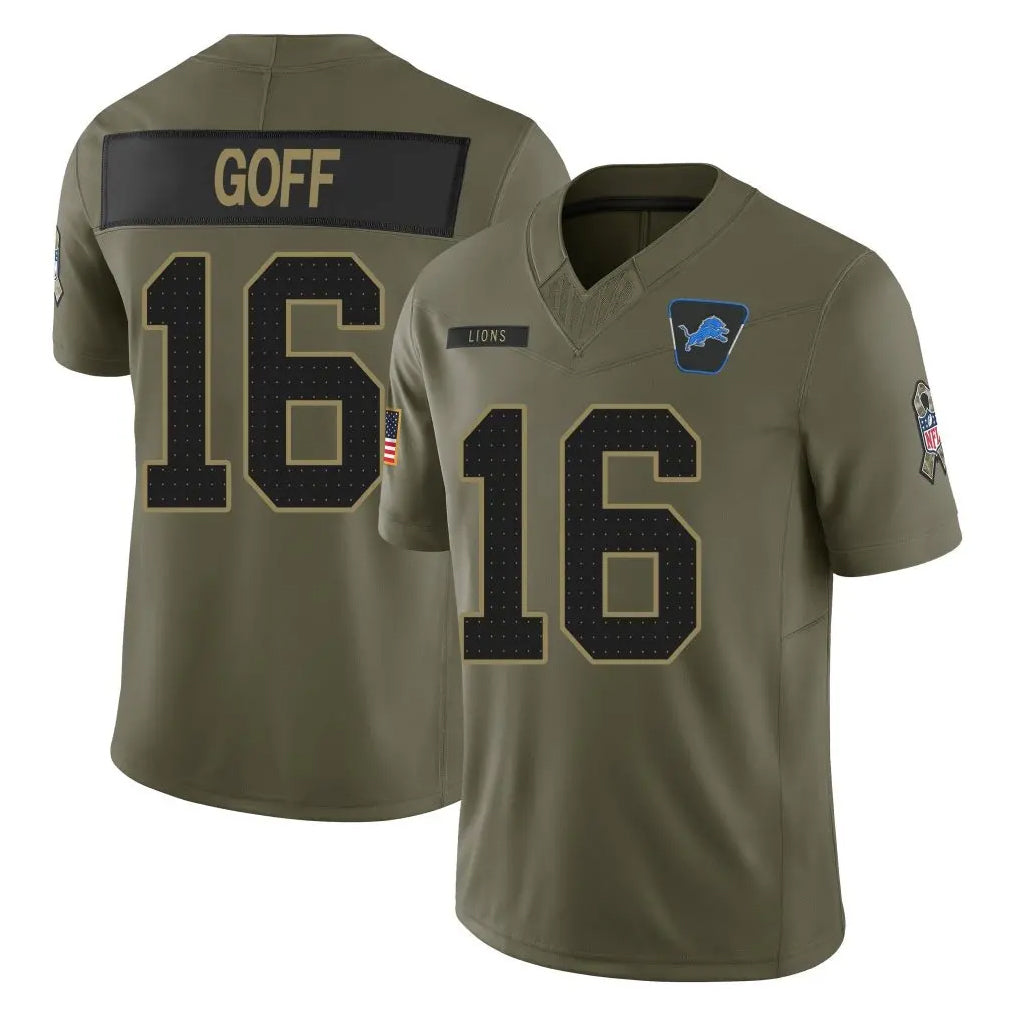 Perkns D.Lions #16 Jared Goff Player Olive 2025 Salute To Service Limited Home Game Stitched Jerseys