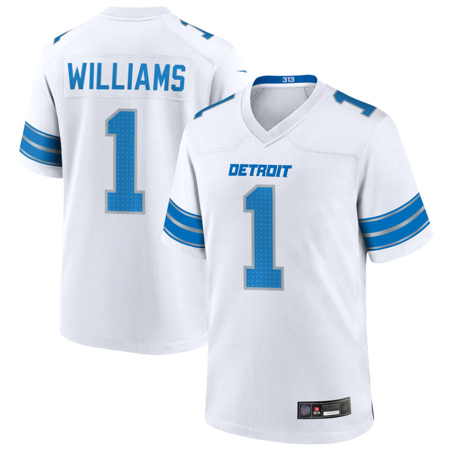 Perkns D.Lions #1 Jameson Williams Player White Home Game Football Jerseys