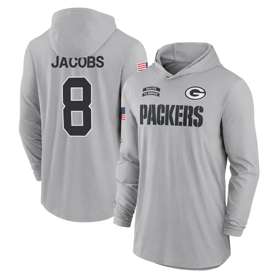 Perkns GB.Packers #8 Josh Jacobs Player Gray Salute to Service Hoodies Game Stitched Jerseys