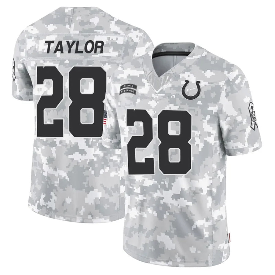 Perkns IN.Colts #28 Jonathan Taylor Player Arctic Camo Salute to Service Limited Stitched Jerseys