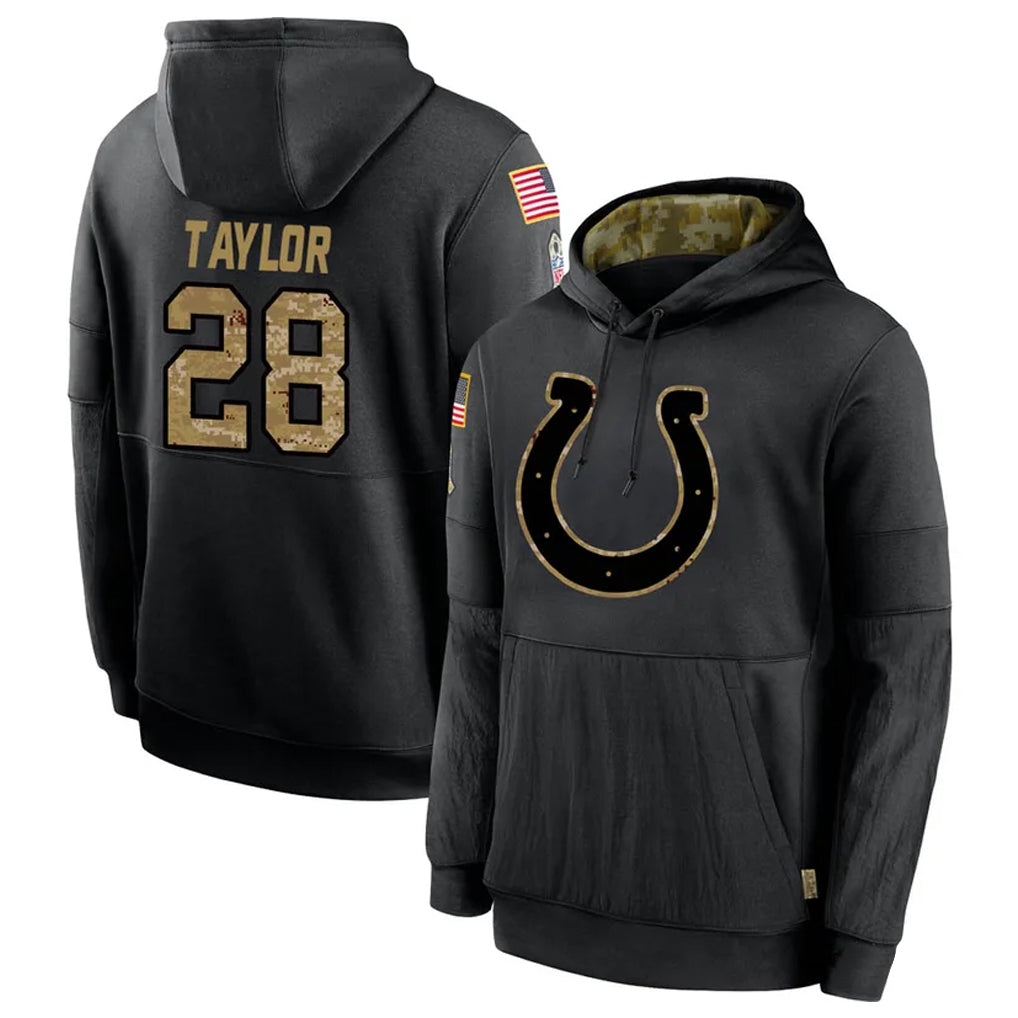 Perkns IN.Colts #28 Jonathan Taylor Player Black Salute To Service Hoodies Stitched Jerseys