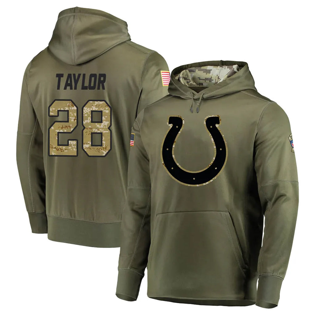 Perkns IN.Colts #28 Jonathan Taylor Player Olive Salute To Service Hoodies Stitched Jerseys