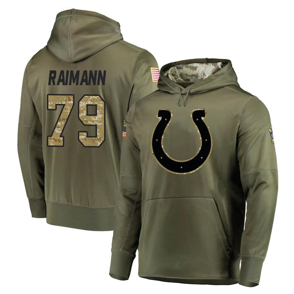 Perkns IN.Colts #79 Bernhard Raimann Player Olive Salute to Service Pullover Hoodies Home Game Stitched Jerseys