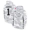 Perkns KC.Chiefs #1 Xavier Worthy Player Arctic Camo Salute to Service Hoodies Stitched Jerseys