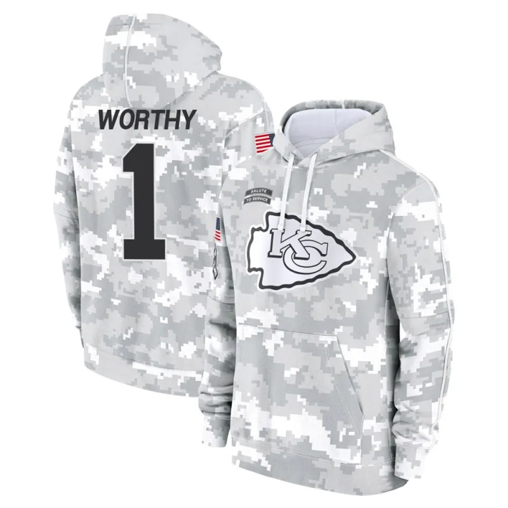 Perkns KC.Chiefs #1 Xavier Worthy Player Arctic Camo Salute to Service Hoodies Stitched Jerseys