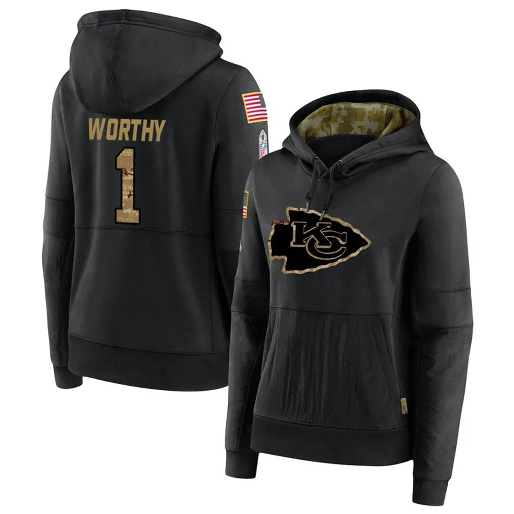 Perkns KC.Chiefs #1 Xavier Worthy Player Black Salute to Service Hoodies Stitched Jerseys